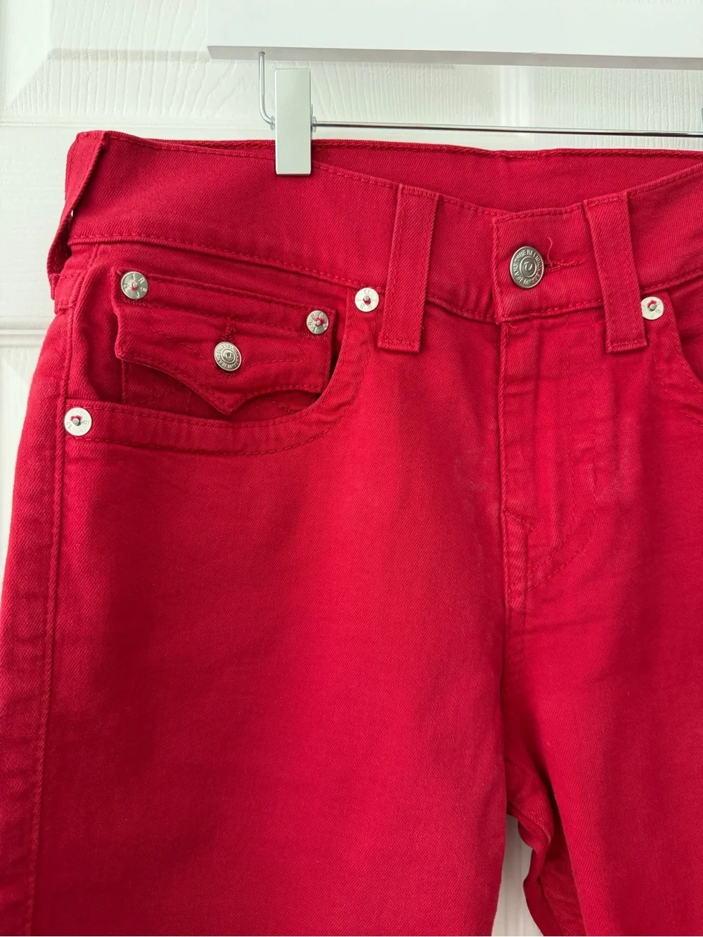 True Religion Bright Red Ricky Denim Cutoff Shorts